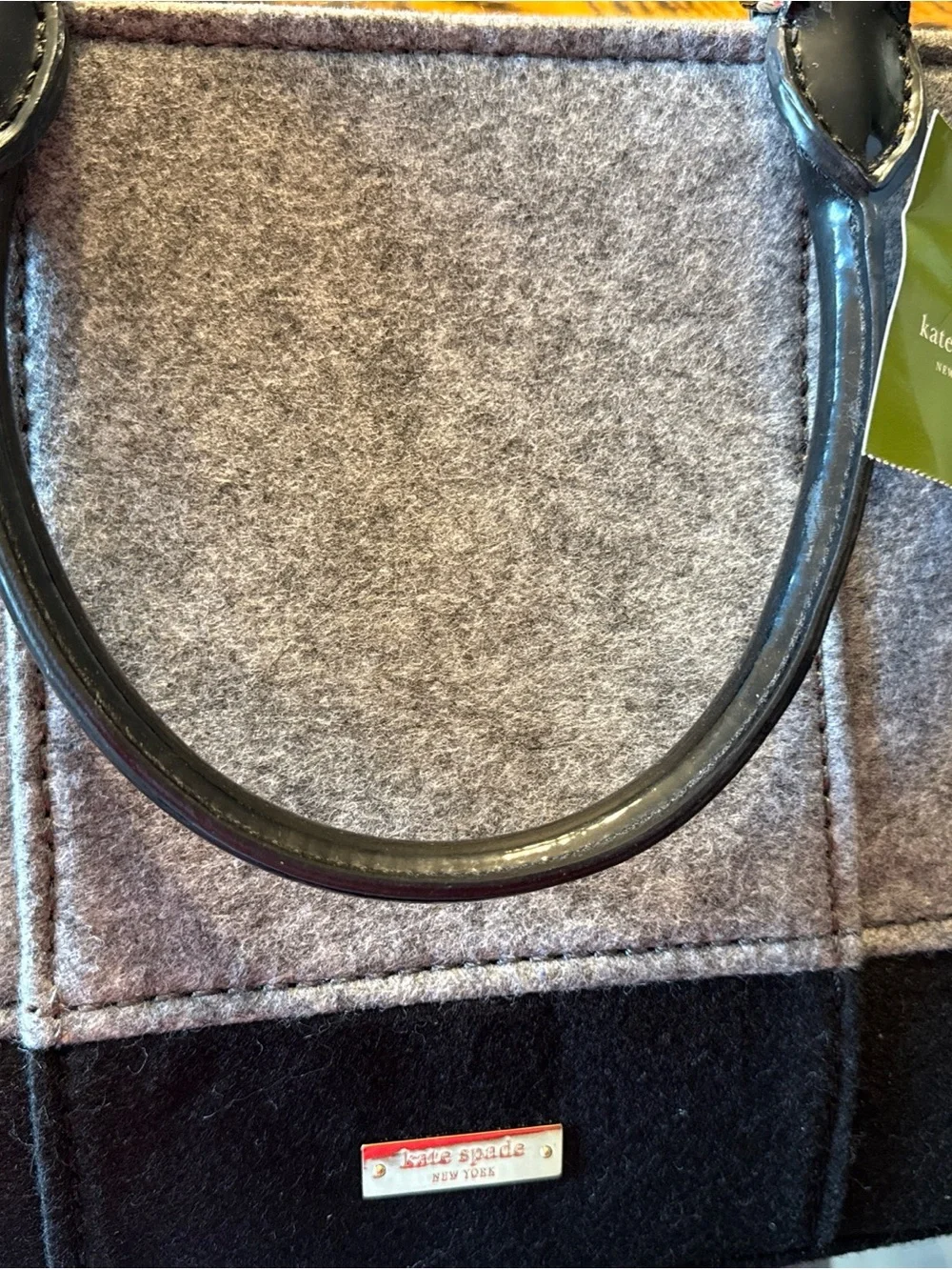 kate spade Gray Felt Tote with Black Patent Handles & Gold Buttons